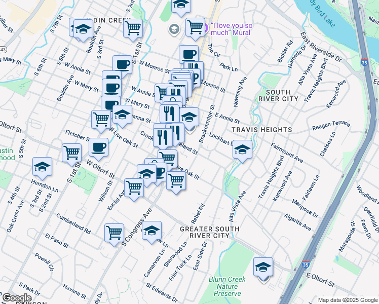 map of restaurants, bars, coffee shops, grocery stores, and more near 2101 Nickerson Street in Austin