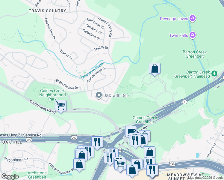 map of restaurants, bars, coffee shops, grocery stores, and more near 5845 Mesa Oaks Circle in Austin
