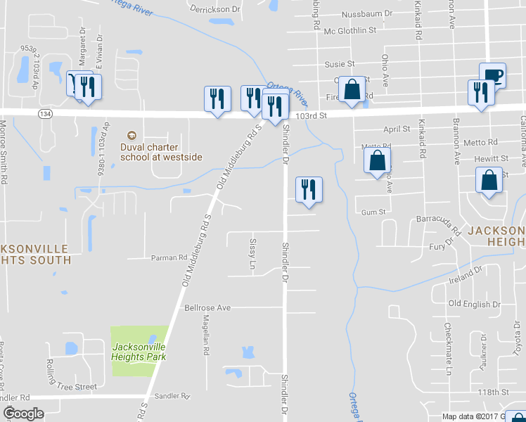 map of restaurants, bars, coffee shops, grocery stores, and more near 5716 Shindler Drive in Jacksonville