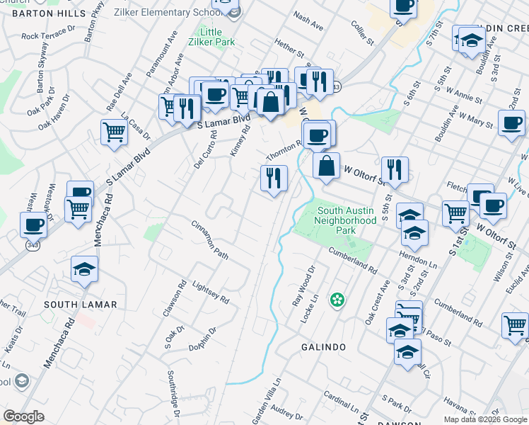 map of restaurants, bars, coffee shops, grocery stores, and more near 2413 Thornton Road in Austin