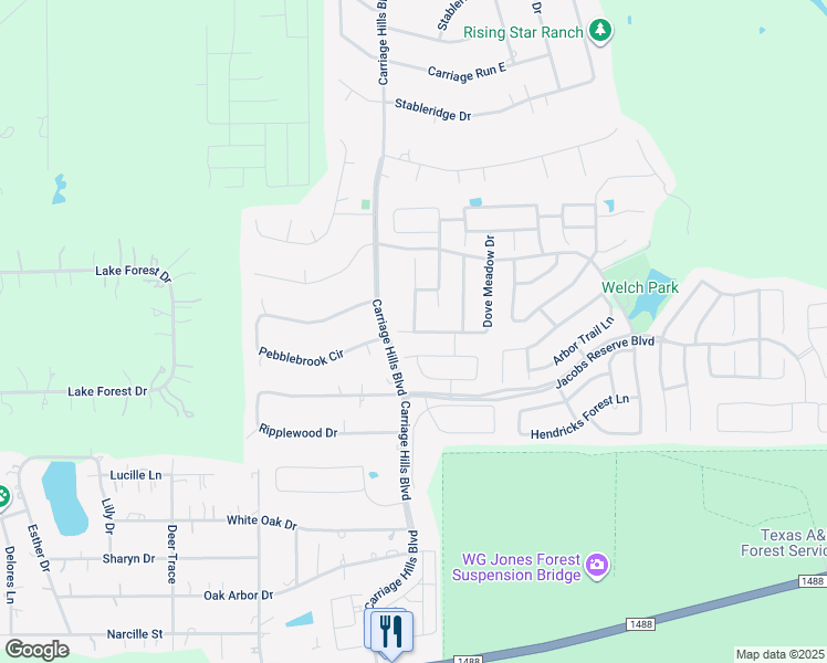 map of restaurants, bars, coffee shops, grocery stores, and more near Meadow Valley Drive in Conroe