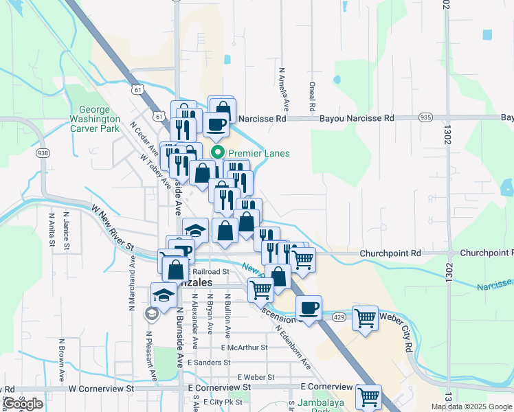 map of restaurants, bars, coffee shops, grocery stores, and more near 597 Andrewville Avenue in Gonzales