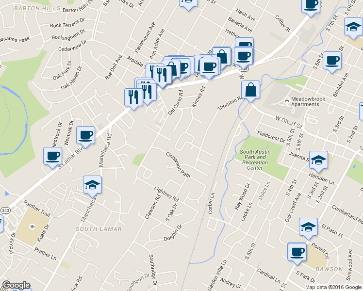 map of restaurants, bars, coffee shops, grocery stores, and more near 2614 Kinney Oaks Court in Austin
