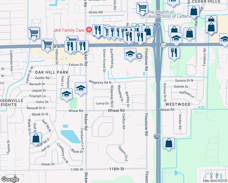 map of restaurants, bars, coffee shops, grocery stores, and more near 7407 Legrande Street South in Jacksonville