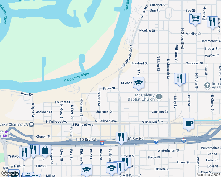 map of restaurants, bars, coffee shops, grocery stores, and more near 1099 Bauer St in Lake Charles