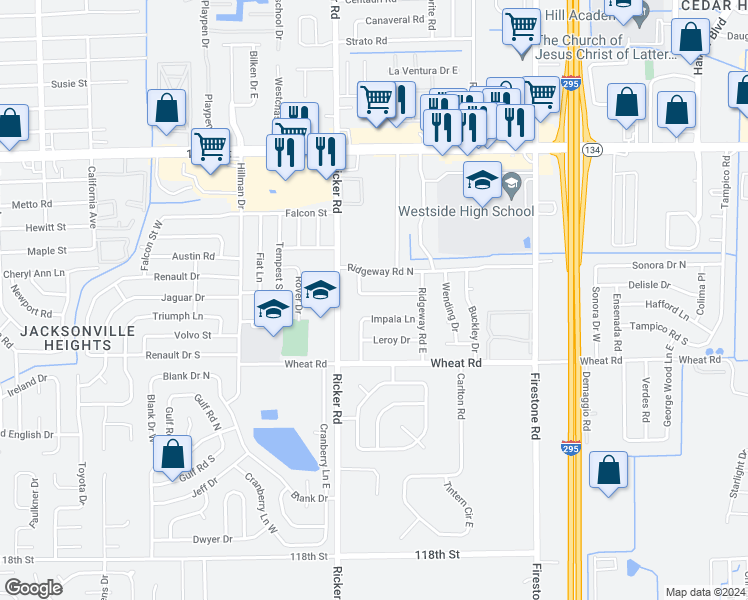 map of restaurants, bars, coffee shops, grocery stores, and more near 7530 South Legrande Street in Jacksonville