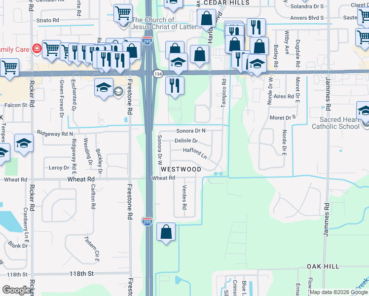 map of restaurants, bars, coffee shops, grocery stores, and more near 7028 Delisle Drive in Jacksonville