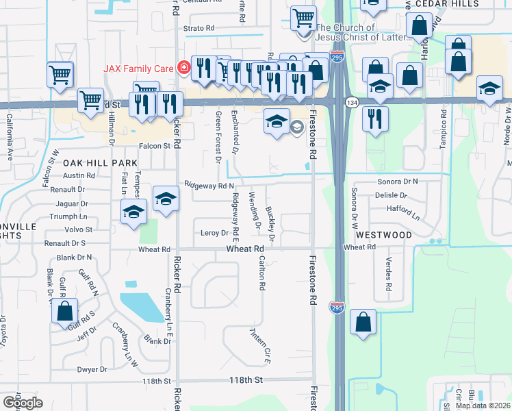 map of restaurants, bars, coffee shops, grocery stores, and more near 5839 Wending Drive in Jacksonville