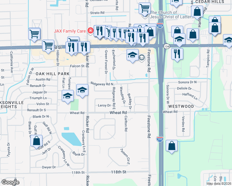 map of restaurants, bars, coffee shops, grocery stores, and more near 7407 Legrande Street South in Jacksonville