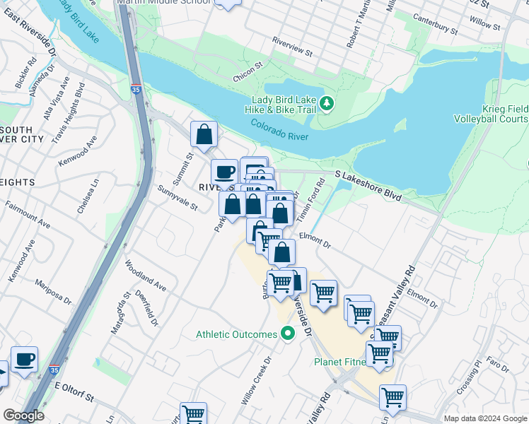 map of restaurants, bars, coffee shops, grocery stores, and more near 1414 Shore District Drive in Austin