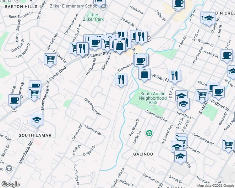 map of restaurants, bars, coffee shops, grocery stores, and more near 2413 Thornton Road in Austin