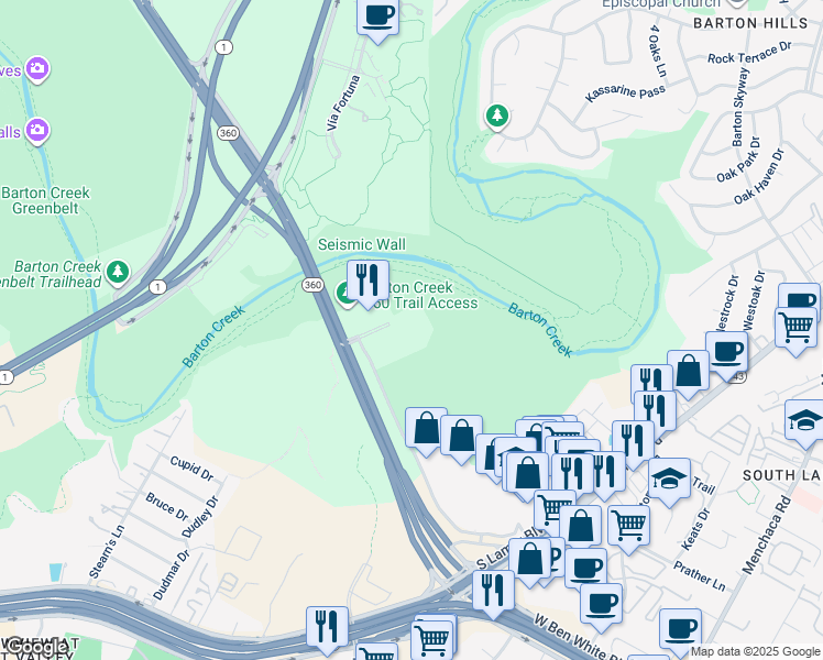 map of restaurants, bars, coffee shops, grocery stores, and more near 3801 South Capital of Texas Highway in Austin