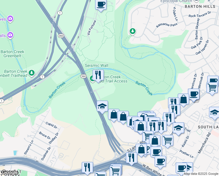 map of restaurants, bars, coffee shops, grocery stores, and more near 3801 South Capital of Texas Highway in Austin