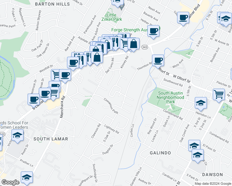map of restaurants, bars, coffee shops, grocery stores, and more near 2605 Kinney Oaks Court in Austin