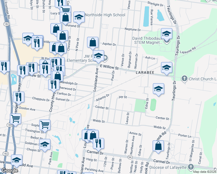map of restaurants, bars, coffee shops, grocery stores, and more near 307 Paul Dr in Lafayette