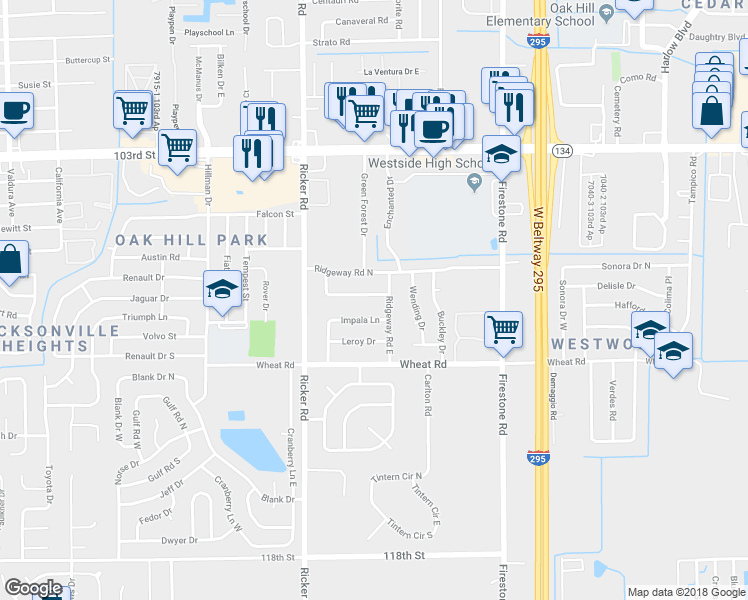 map of restaurants, bars, coffee shops, grocery stores, and more near 7426 Legrande Street South in Jacksonville