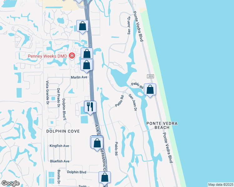 map of restaurants, bars, coffee shops, grocery stores, and more near 194 San Juan Drive in Ponte Vedra Beach