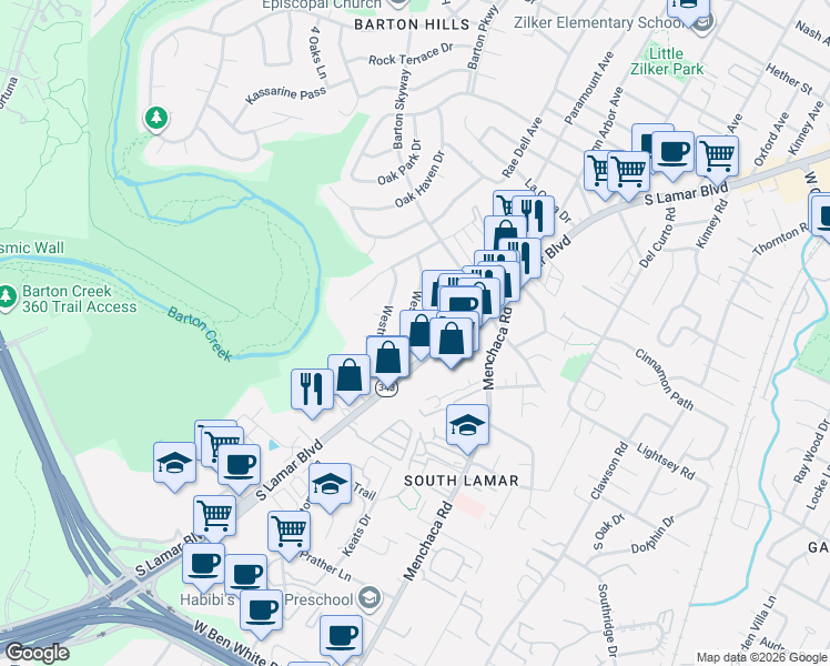 map of restaurants, bars, coffee shops, grocery stores, and more near 2306 Westoak Drive in Austin