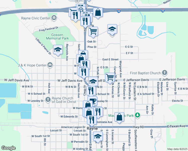 map of restaurants, bars, coffee shops, grocery stores, and more near 111 Louisa Street in Rayne