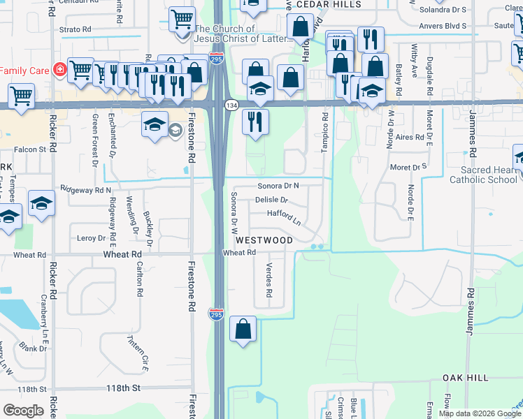 map of restaurants, bars, coffee shops, grocery stores, and more near 7017 Hafford Lane in Jacksonville