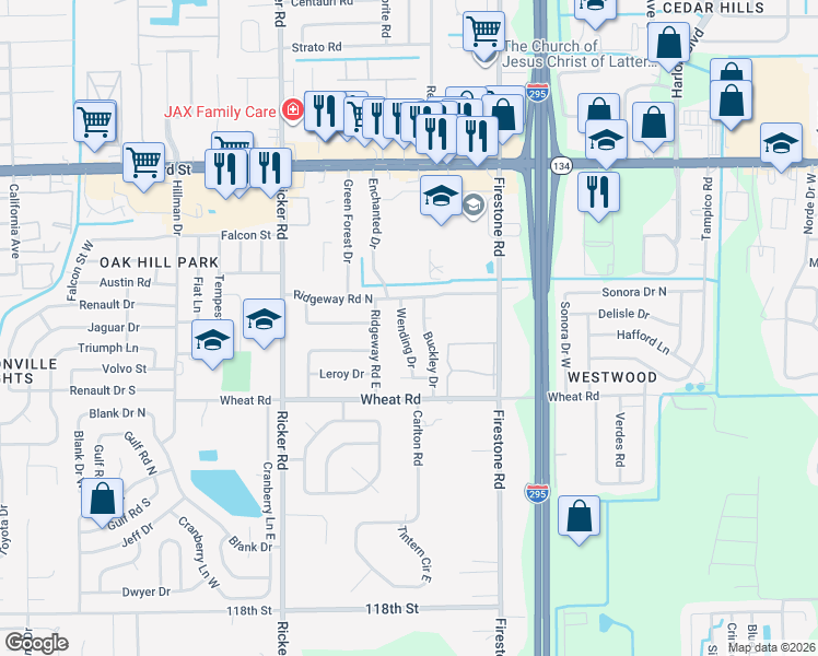 map of restaurants, bars, coffee shops, grocery stores, and more near 5839 Wending Drive in Jacksonville
