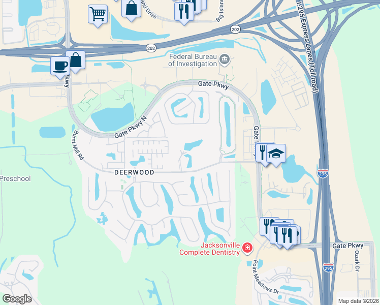 map of restaurants, bars, coffee shops, grocery stores, and more near 10961 Burnt Mill Road in Jacksonville