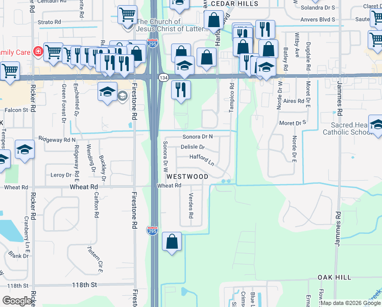 map of restaurants, bars, coffee shops, grocery stores, and more near 7028 Delisle Drive in Jacksonville