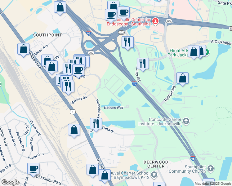 map of restaurants, bars, coffee shops, grocery stores, and more near 7067 Deer Lodge Circle in Jacksonville