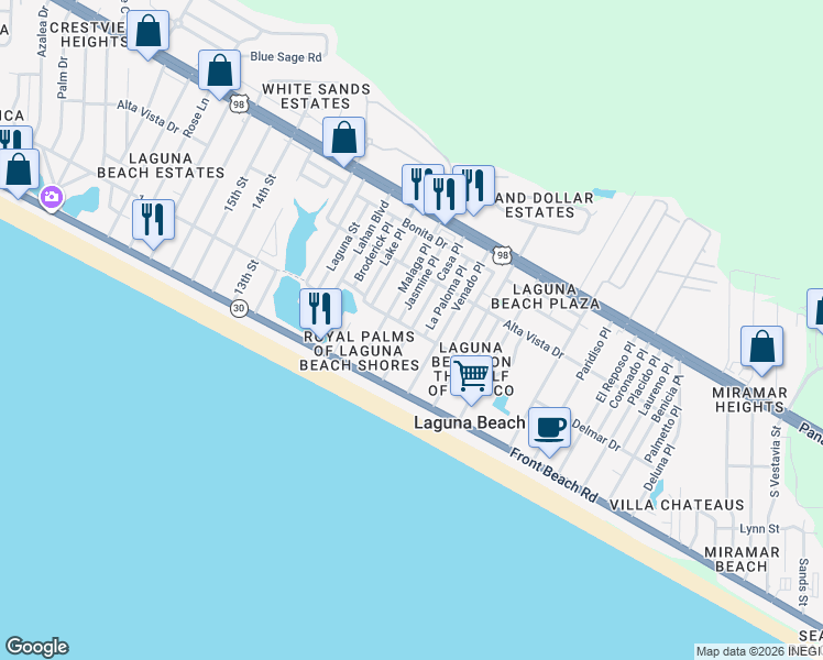 map of restaurants, bars, coffee shops, grocery stores, and more near 198 Casa Place in Panama City Beach