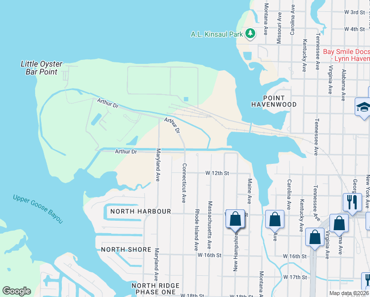 map of restaurants, bars, coffee shops, grocery stores, and more near 18 Arthur Drive in Lynn Haven