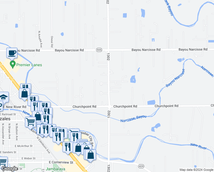 map of restaurants, bars, coffee shops, grocery stores, and more near 12093 Roddy Road in Gonzales