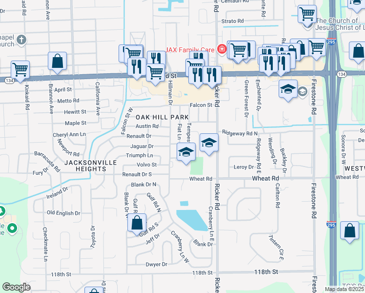 map of restaurants, bars, coffee shops, grocery stores, and more near 7738 Jaguar Drive in Jacksonville
