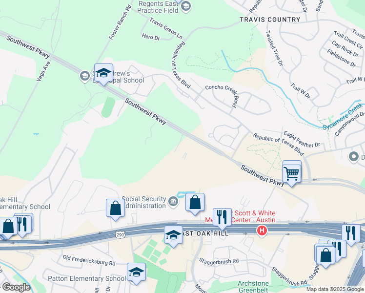 map of restaurants, bars, coffee shops, grocery stores, and more near 5209 Southwest Parkway in Austin