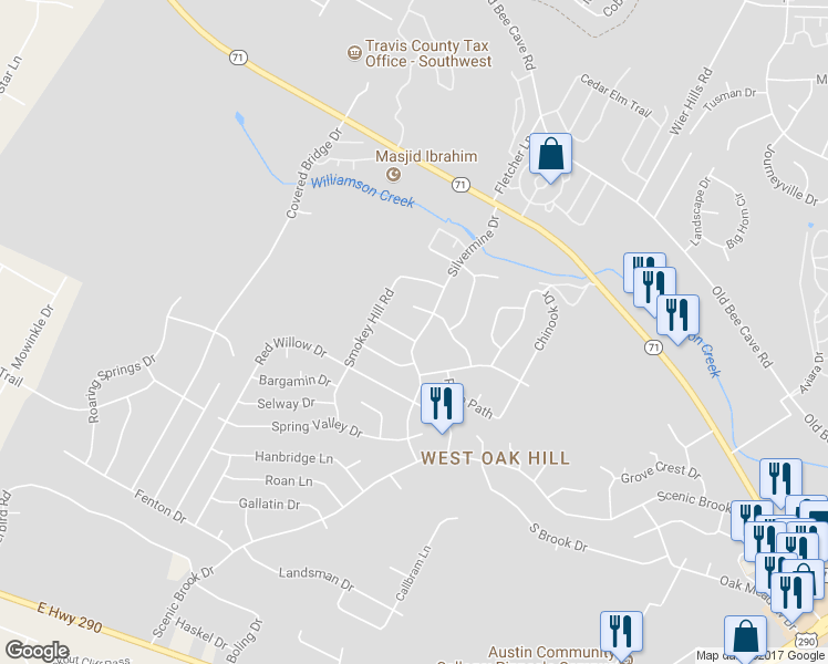 map of restaurants, bars, coffee shops, grocery stores, and more near 7000 Silvermine Drive in Austin