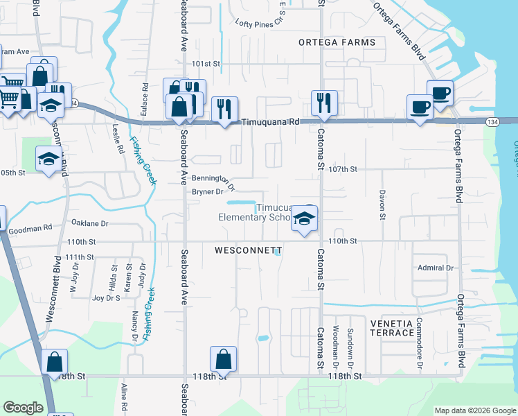 map of restaurants, bars, coffee shops, grocery stores, and more near 5820 Liska Drive in Jacksonville
