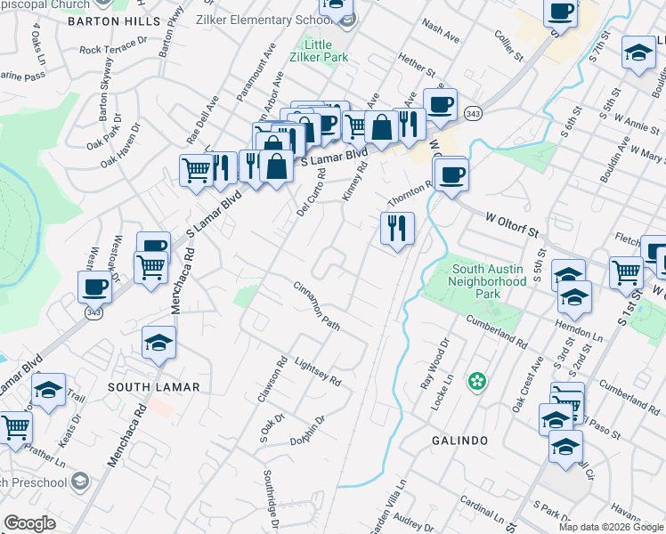 map of restaurants, bars, coffee shops, grocery stores, and more near 2601 Kinney Oaks Court in Austin