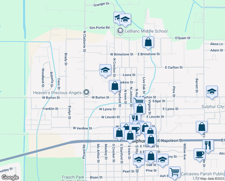 map of restaurants, bars, coffee shops, grocery stores, and more near 551 N Crocker St in Sulphur
