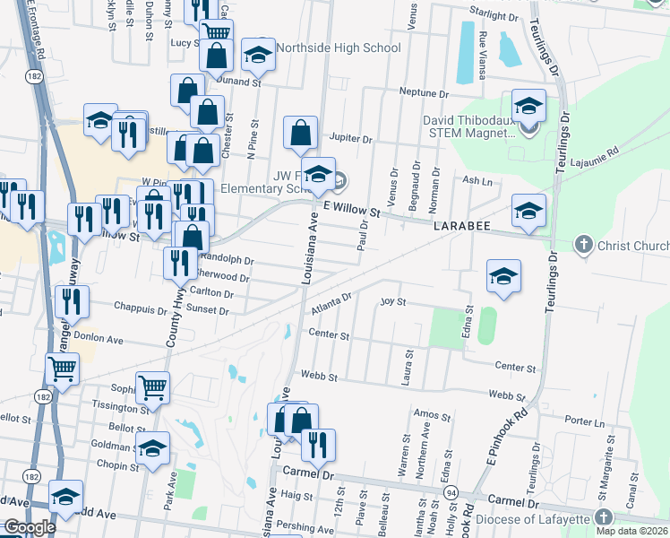 map of restaurants, bars, coffee shops, grocery stores, and more near 331 Randolph Drive in Lafayette