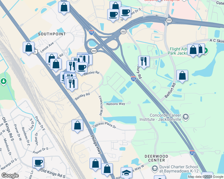 map of restaurants, bars, coffee shops, grocery stores, and more near 8204 White Falls Boulevard in Jacksonville