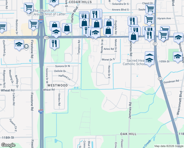 map of restaurants, bars, coffee shops, grocery stores, and more near 6626 Albicore Road in Jacksonville