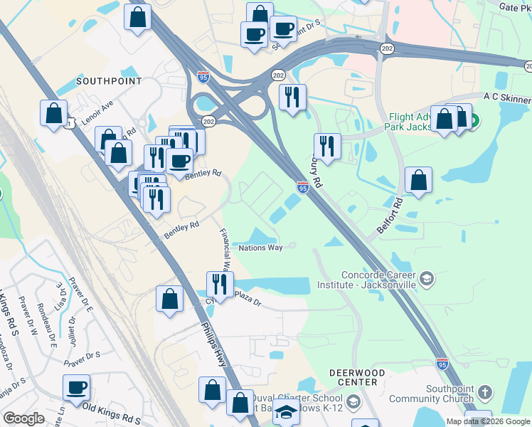 map of restaurants, bars, coffee shops, grocery stores, and more near 7067 Deer Lodge Circle in Jacksonville