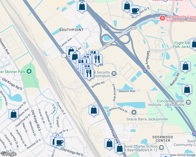 map of restaurants, bars, coffee shops, grocery stores, and more near 7226 Deerfoot Circle in Jacksonville