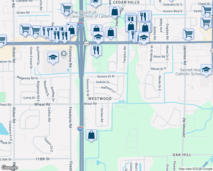 map of restaurants, bars, coffee shops, grocery stores, and more near 6968 Delisle Drive in Jacksonville