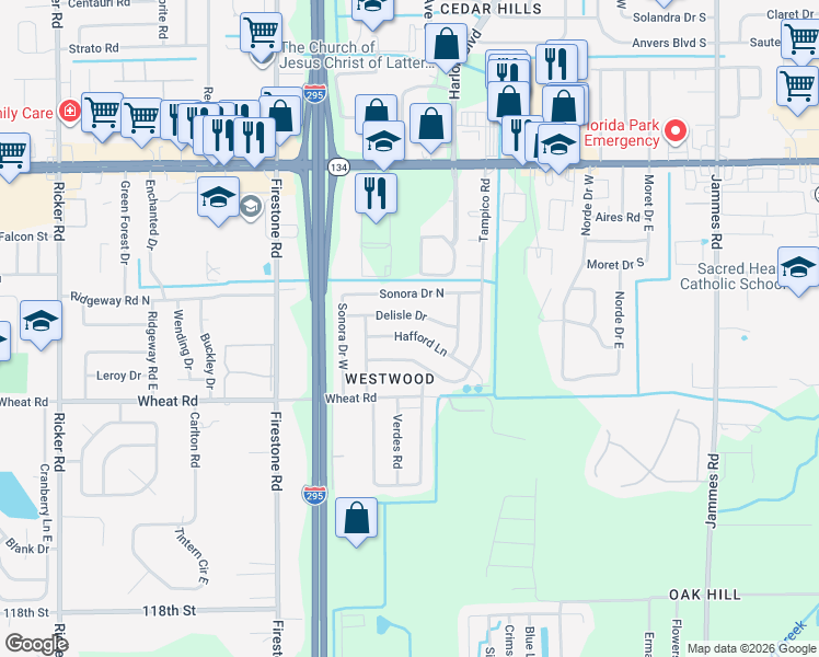 map of restaurants, bars, coffee shops, grocery stores, and more near 6968 Delisle Drive in Jacksonville