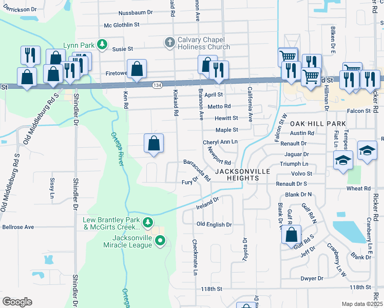 map of restaurants, bars, coffee shops, grocery stores, and more near 8360 Homeport Court in Jacksonville