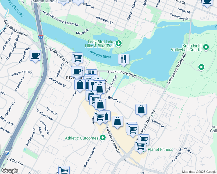 map of restaurants, bars, coffee shops, grocery stores, and more near 1301 Tinnin Ford Road in Austin