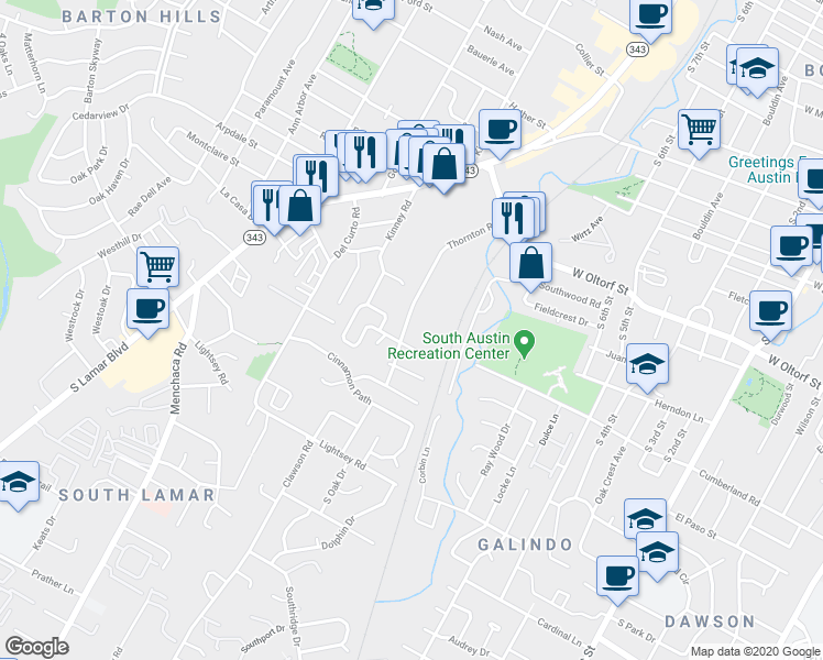 map of restaurants, bars, coffee shops, grocery stores, and more near 2509 Thornton Road in Austin