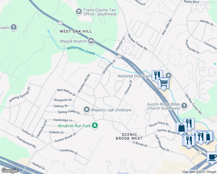 map of restaurants, bars, coffee shops, grocery stores, and more near 8202 Mescalero Drive in Austin