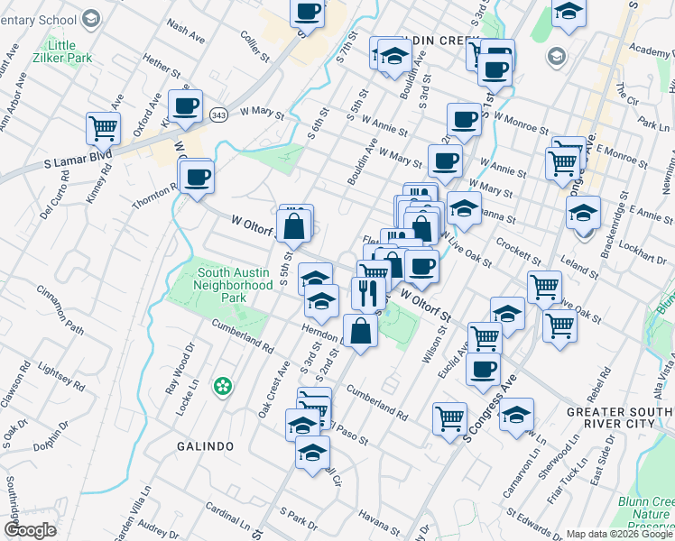 map of restaurants, bars, coffee shops, grocery stores, and more near 807 West Oltorf Street in Austin