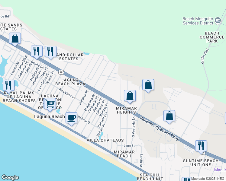 map of restaurants, bars, coffee shops, grocery stores, and more near 18436 Panama City Beach Parkway in Panama City Beach